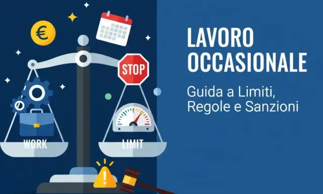 Bilancia con valigetta e ingranaggi da un lato (lavoro) e tachimetro con stop dall'altro (limiti). Titolo: Lavoro Occasionale.