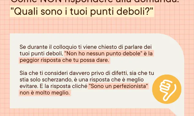 Evita risposte come "non ho punti deboli" o "sono un perfezionista" ai colloqui. Meglio essere onesti sui propri punti deboli.