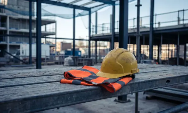 Elmetto giallo e giubbotto ad alta visibilità su impalcature. Simbolo di sicurezza sul lavoro, in attesa della chiusura infortunio INAIL e del relativo pagamento.