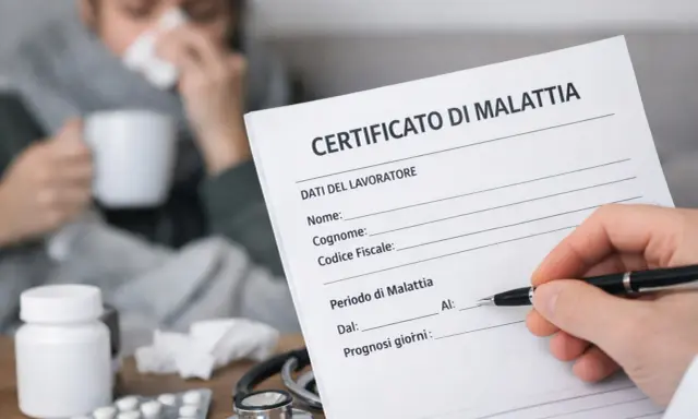 Medico compila certificato di malattia per un lavoratore. Sul tavolo, farmaci e stetoscopio, mentre sullo sfondo una persona malata beve una tisana.
