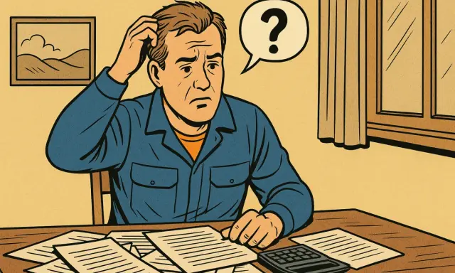 Uomo confuso con fogli e calcolatrice, pensando al 730 per lavoro dipendente e prestazione occasionale.