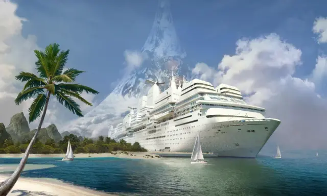 Un'isola tropicale con palme e montagne sullo sfondo, dove una nave da crociera gigante offre l'opportunità di lavorare sulle navi da crociera.