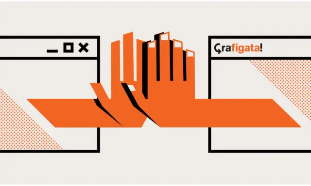 Mani arancioni si uniscono tra finestre digitali, simbolo di un corso graphic design online gratis che apre nuove possibilità creative.