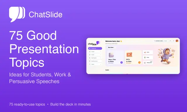 Trova 75 argomenti per discorsi da fare, idee per studenti e presentazioni persuasive. ChatSlide ti aiuta a creare presentazioni in pochi minuti.