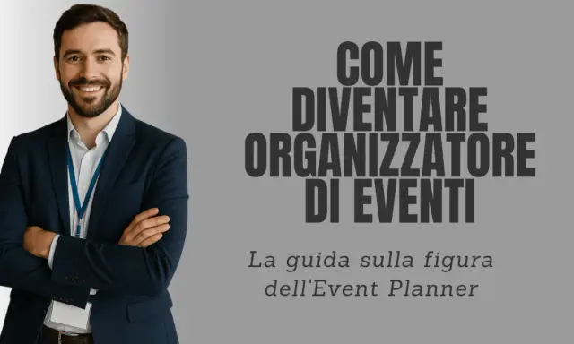 Uomo sorridente in giacca e cravatta, con badge, pronto per i corsi di event planner. Guida per diventare organizzatore di eventi.