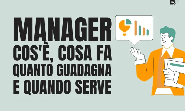 Un uomo con giacca arancione, un site manager, illustra grafici e statistiche. Testo: "Manager: cos'è, cosa fa, quanto guadagna e quando serve".