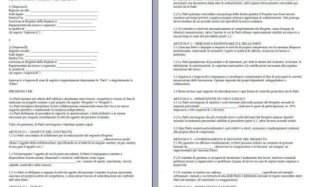 Contratto tra imprese con partita IVA per un progetto comune. Le parti definiscono oggetto, durata, costi e gestione.