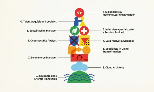 Classifica dei lavori più richiesti in Italia: AI Specialist, infermiere, data analyst, cybersecurity, cloud architect e ingegnere delle energie rinnovabili.