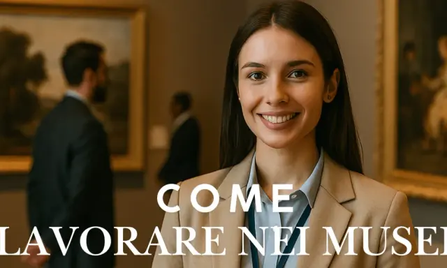 Giovane donna sorridente in un museo, con opere d'arte alle spalle. Il testo "Come lavorare nei musei" suggerisce un percorso professionale.
