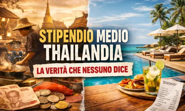 Stipendio medio Thailandia: contrasto tra cibo di strada, banconote e lusso di resort con cocktail e hamburger.