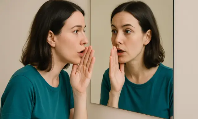 Donna si sussurra qualcosa allo specchio, un dialogo interiore che esplora la psicologia del parlare velocemente.
