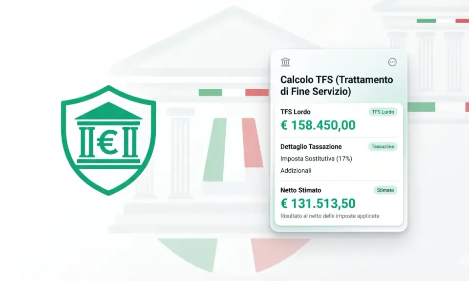 Calcolo del trattamento di fine servizio (TFS). Importo lordo €158.450,00, netto stimato €131.513,50.