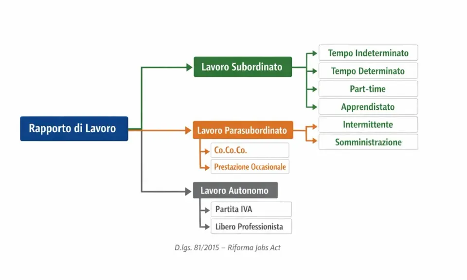 Schema dei rapporti di lavoro: subordinato (con apprendistato), parasubordinato e autonomo.