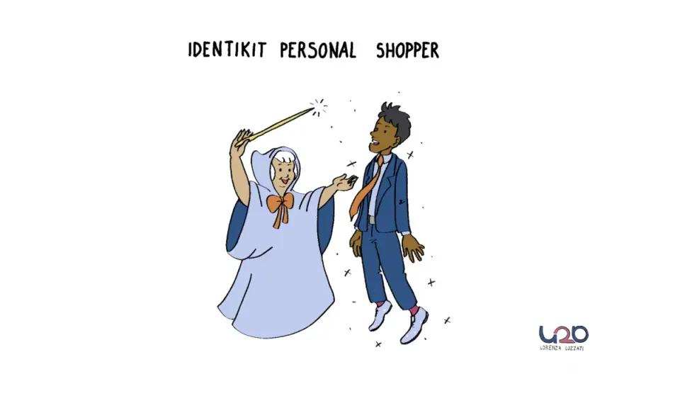 Una fata con bacchetta magica trasforma un uomo in un impeccabile personal shopper.