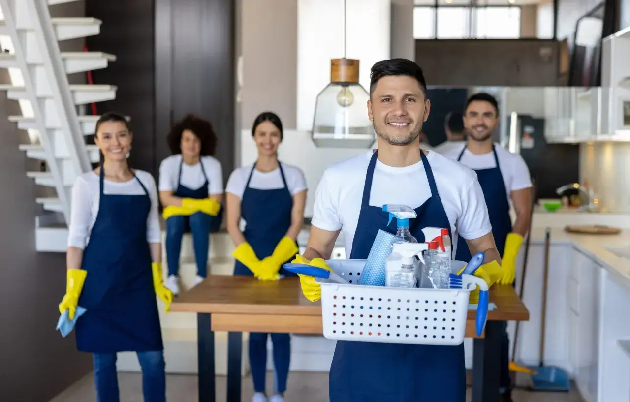 Team di addetti alle pulizie sorridenti, con cestino e prodotti. Il loro stipendio da addetto alle pulizie part time &egrave; meritato.