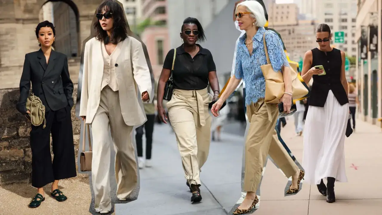 Cinque donne sfoggiano look business casual eleganti e moderni, con completi sartoriali, pantaloni ampi e accessori chic.