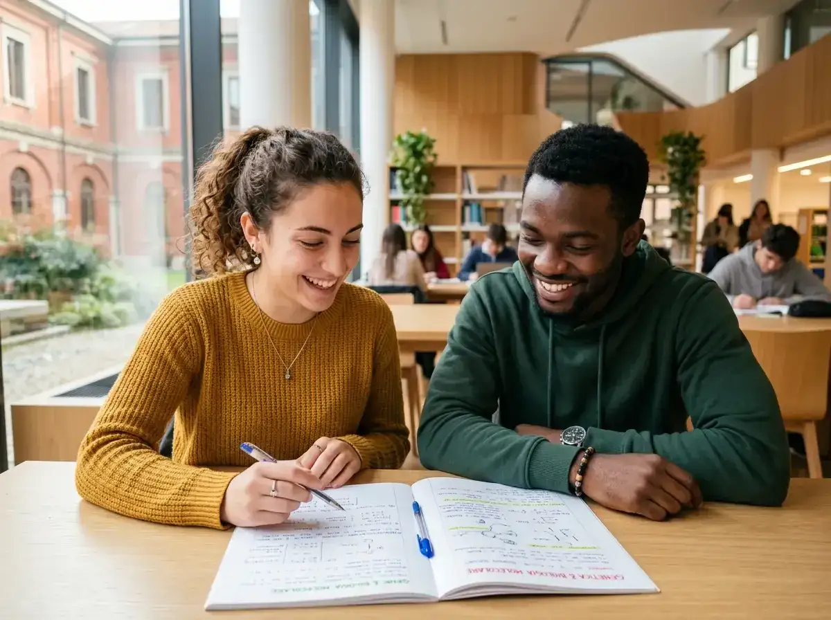 Due studenti sorridono studiando insieme, un momento di apprendimento per l'l2 italiano per stranieri.