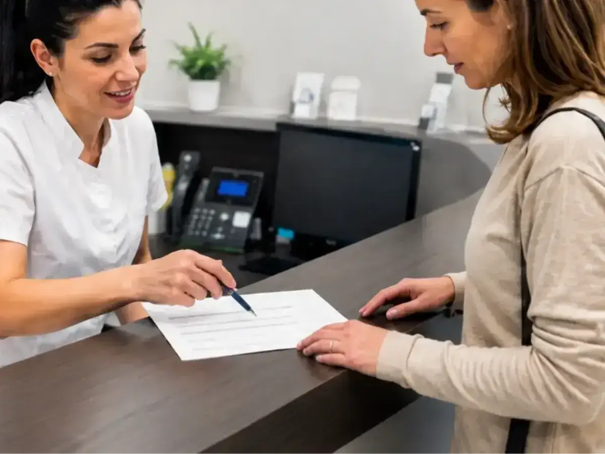 Assistente studio medico spiega un documento a una paziente.