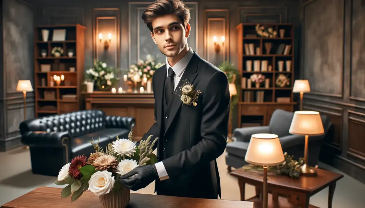 Giovane uomo in abito scuro sistema fiori. La sua professione, quanto guadagna un becchino, &egrave; un lavoro di grande dignit&agrave;.