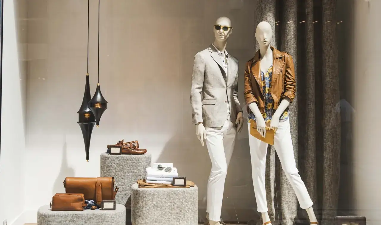 Manichini in vetrina con abiti eleganti, borse in pelle e accessori. Un esempio di corso visual merchandising che ispira.