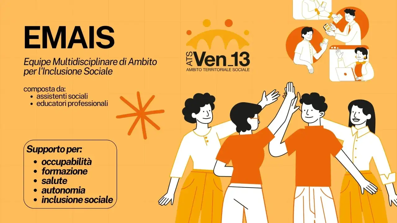 Persone che lavorano nel sociale si danno il cinque, celebrando il successo di un'equipe multidisciplinare per l'inclusione sociale.