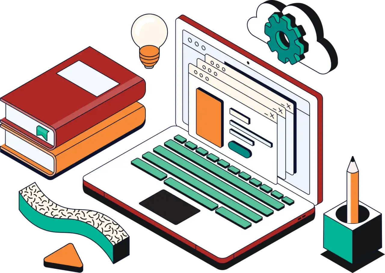 Libri, lampadina, laptop aperto con finestre, nuvola con ingranaggio e matita: tutto per un corso copywriting gratis.