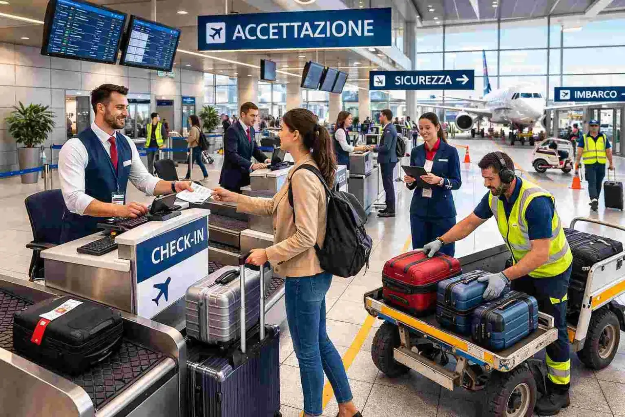 Personale impegnato a lavorare in aeroporto al check-in, con passeggeri e bagagli.