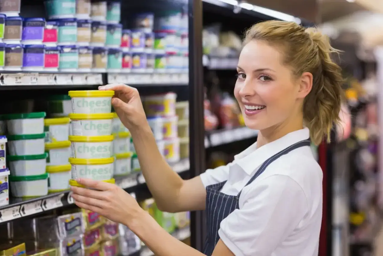 Una scaffalista supermercato sorridente sistema vasetti di formaggio spalmabile sugli scaffali.