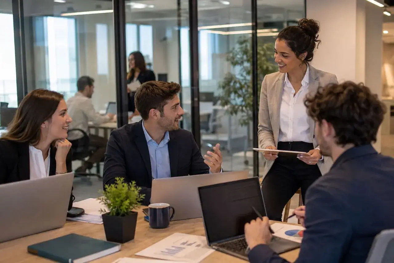 Team discute strategie per come cercare lavoro, analizzando dati su un tablet e laptop in un ufficio moderno.