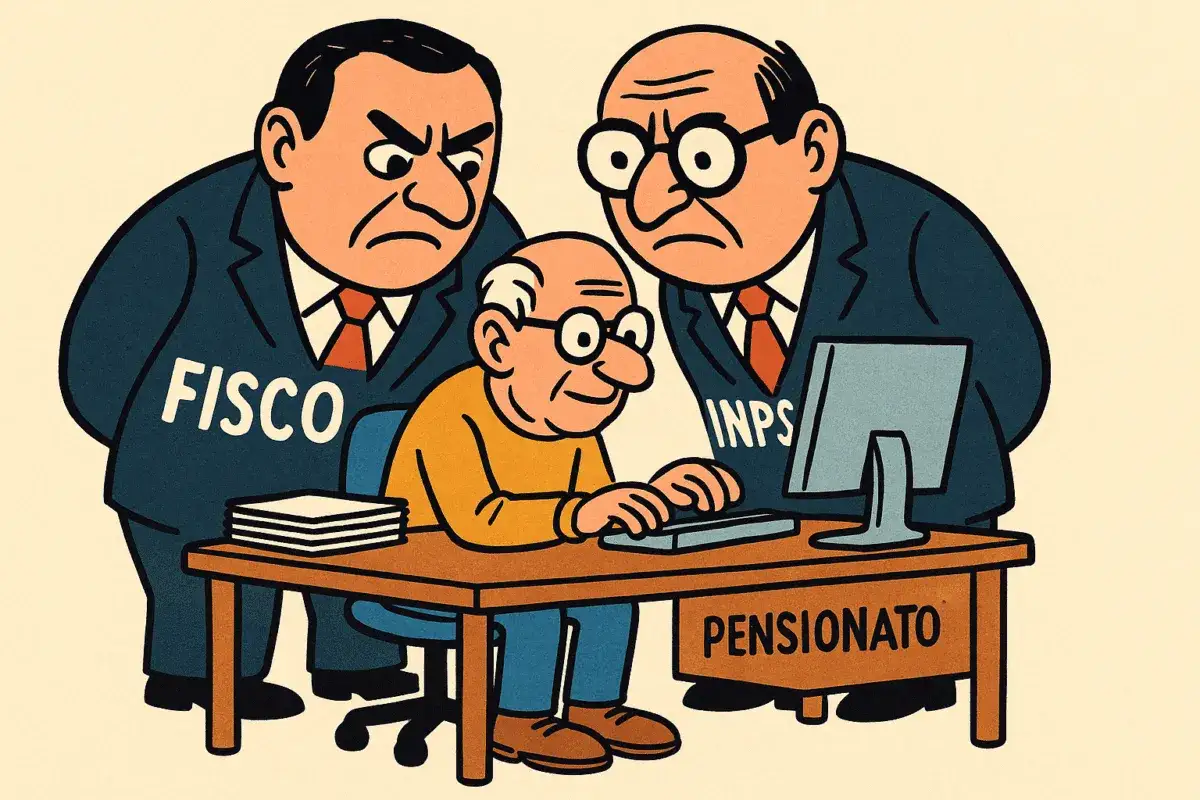 Un pensionato al computer, sorvegliato da Fisco e INPS. Forse conviene lavorare dopo la pensione per far fronte alle tasse.