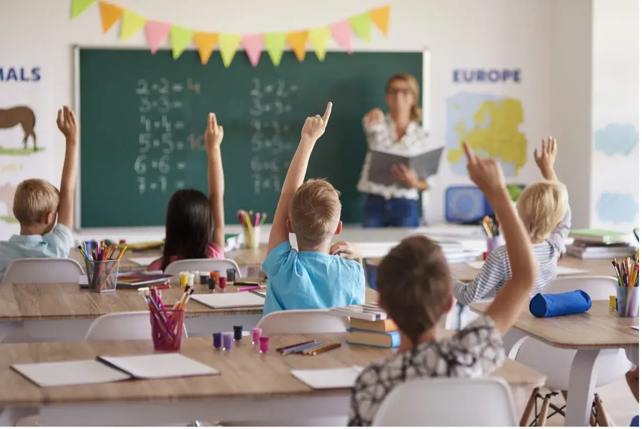 Bambini alzano la mano per rispondere, segno di come fare una lezione efficace. La maestra è in piedi davanti alla lavagna.