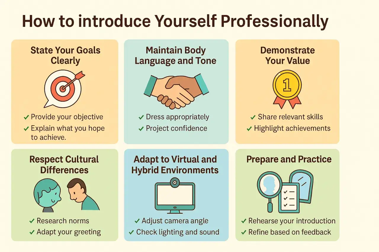 Guida su come fare frasi di presentazione professionali: obiettivi chiari, linguaggio del corpo, valore, rispetto culturale, ambienti virtuali e preparazione.