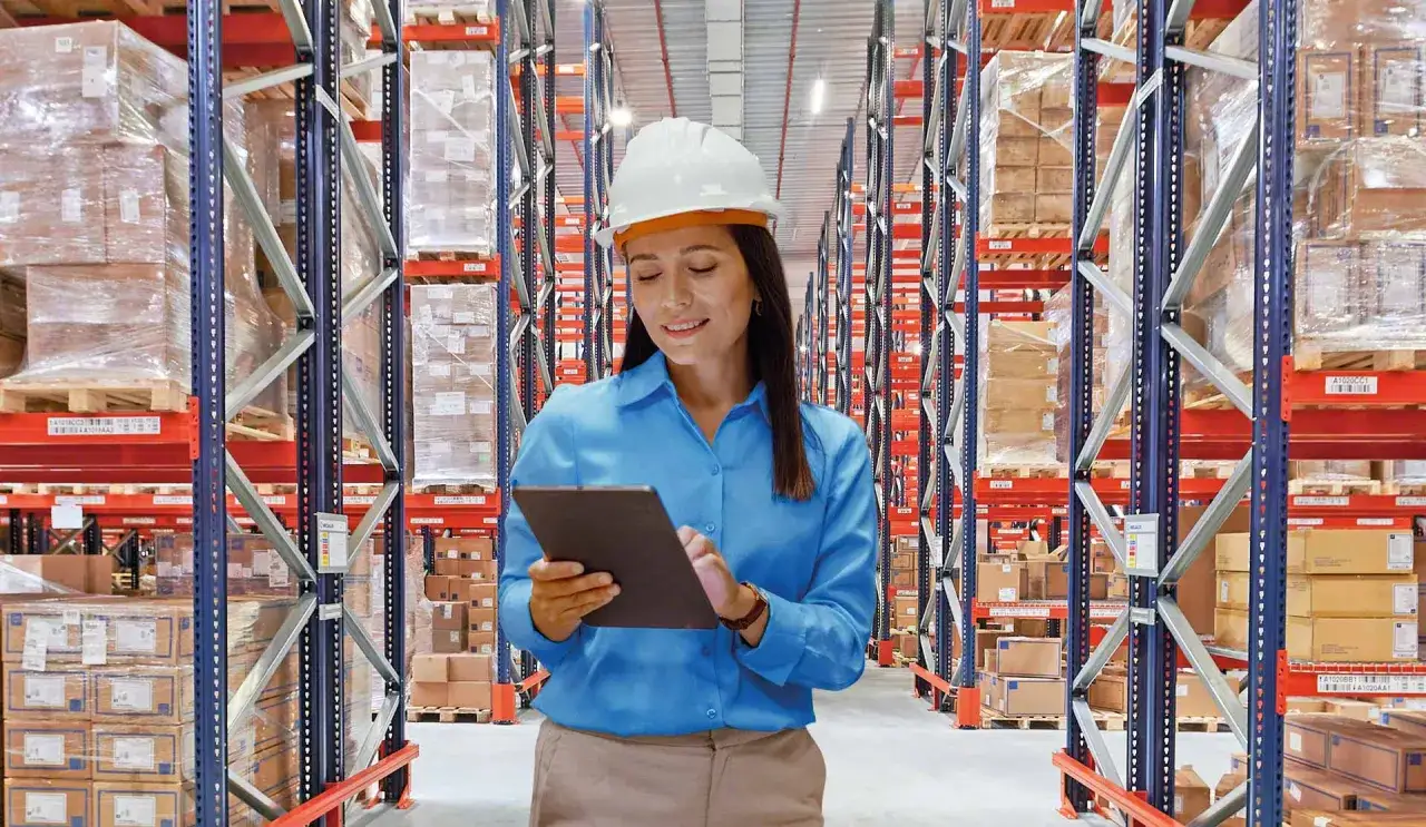 Donna con casco bianco in un magazzino pieno di scaffali e scatole, controlla un tablet per vedere cosa fa.