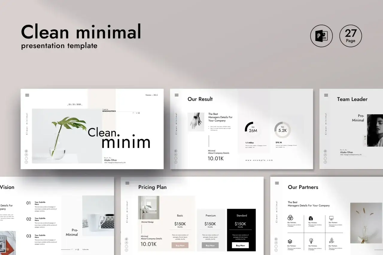 Modello di presentazione minimalista, ideale per un corso PowerPoint gratis. Design pulito e moderno con 27 pagine.