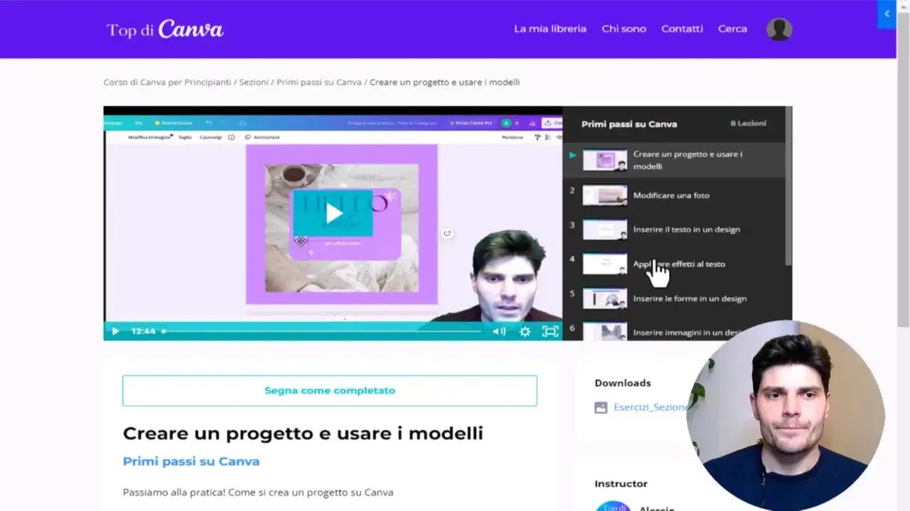 Un uomo segue un corso Canva gratuito, imparando a creare progetti e usare modelli. La lezione mostra come applicare effetti al testo.
