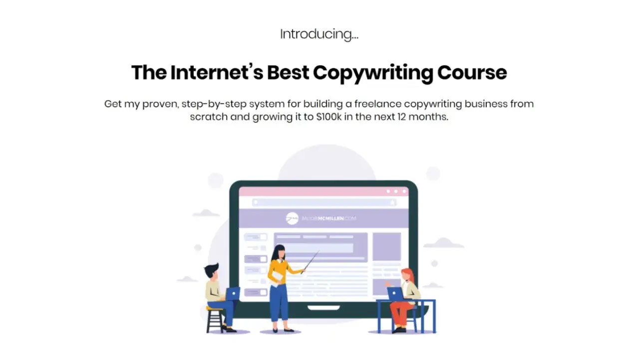 Impara il copywriting con un corso online. Un insegnante spiega a due studenti davanti a un grande schermo.