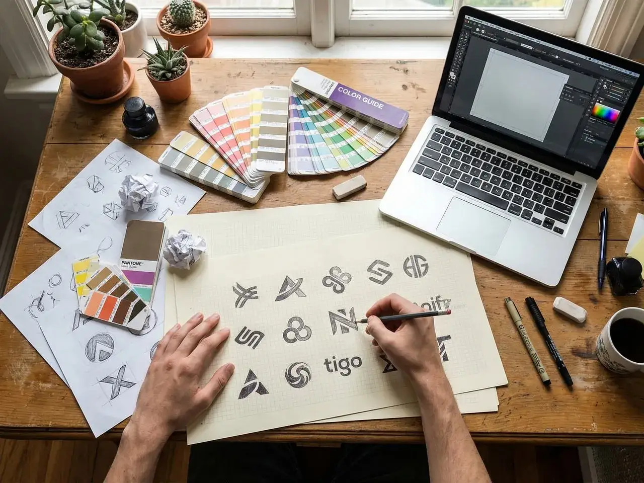 Mani che disegnano loghi su carta millimetrata, con palette colori, laptop aperto e piante. Ideale per chi cerca un corso graphic design online gratis.