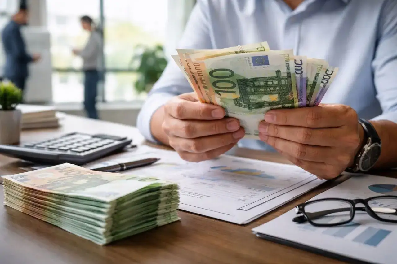 Mani che contano banconote euro, con calcolatrice e occhiali sul tavolo. Un buon motivo per pensare a perch&egrave; cambiare lavoro.