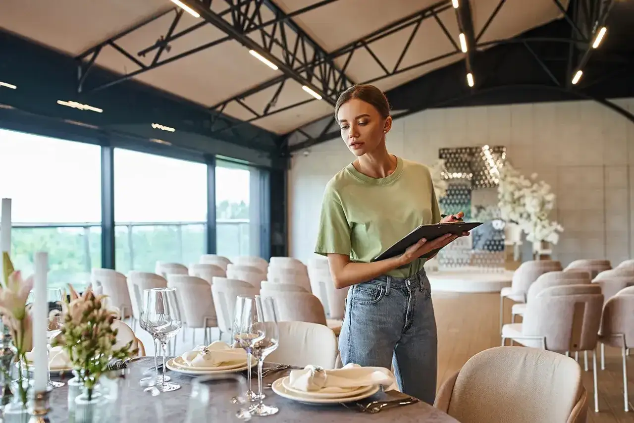 Giovane donna con taccuino, in un locale pronto per un evento. Forse sta prendendo appunti per i suoi futuri corsi wedding planner.
