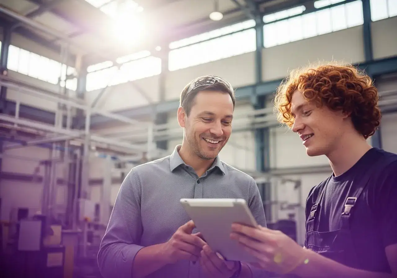 Due uomini sorridono guardando un tablet in una fabbrica. Uno è un supervisore, l'altro un giovane manutentore meccanico, forse discutono del suo stipendio.
