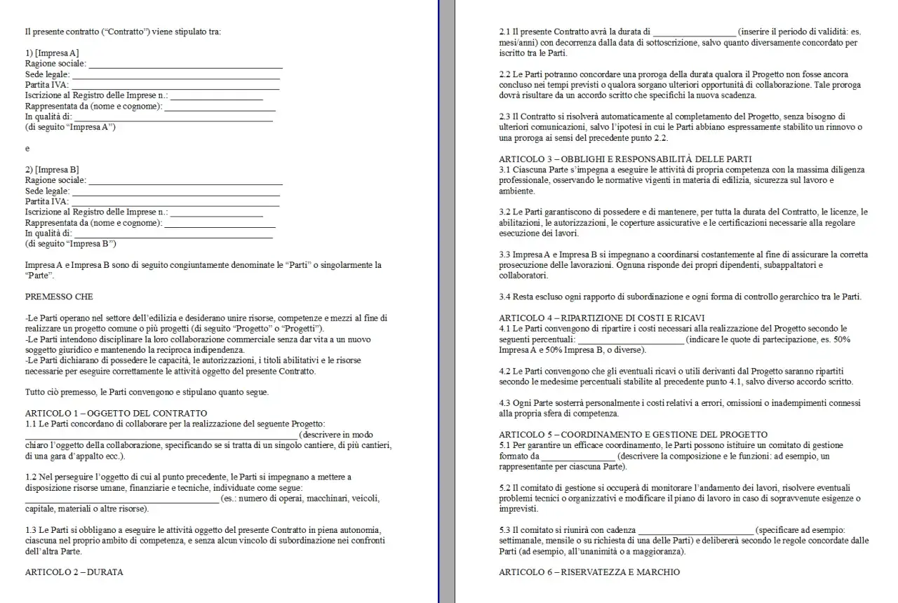 Contratto tra due imprese per la collaborazione a progetto, definisce obblighi, costi e gestione.