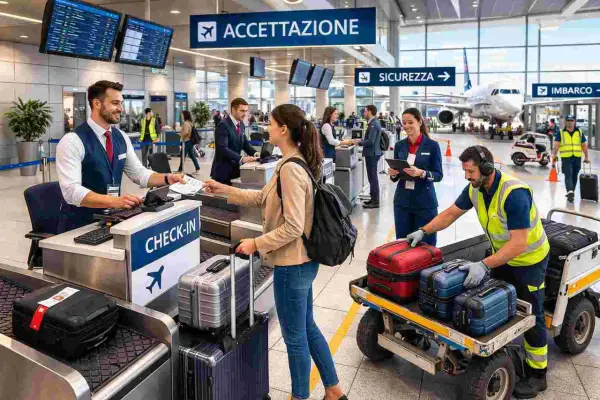 Personale impegnato a lavorare in aeroporto al check-in, con passeggeri e bagagli.