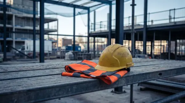 Elmetto giallo e giubbotto ad alta visibilità su impalcature. Simbolo di sicurezza sul lavoro, in attesa della chiusura infortunio INAIL e del relativo pagamento.