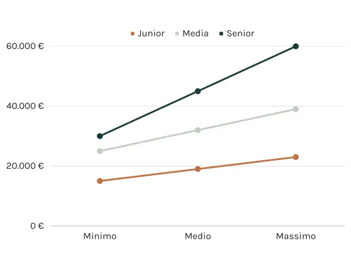 Grafico mostra l'andamento dello stipendio di un web designer: junior, medio e senior.