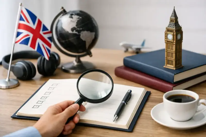 Tutto pronto per un corso di inglese gratuito: bandiera UK, Big Ben, globo, cuffie e un quaderno da studiare.